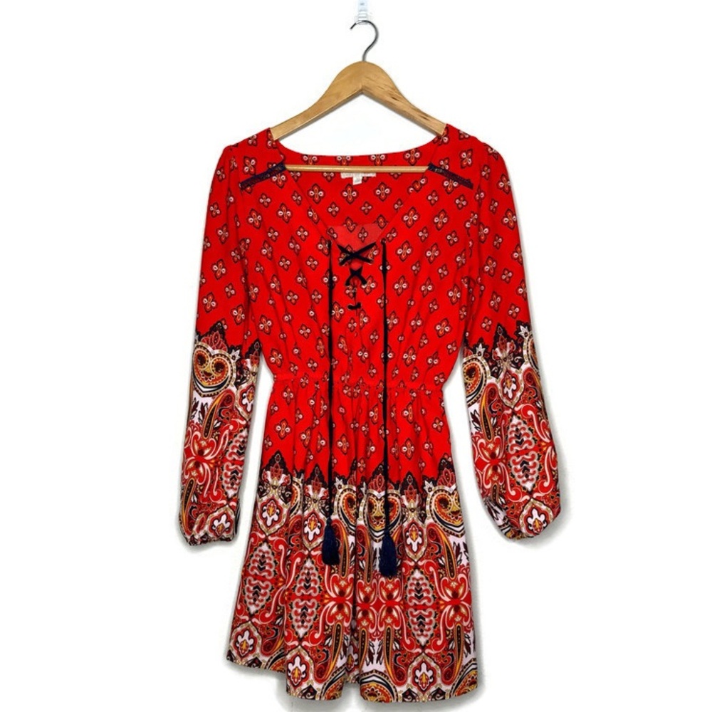 Gianni Bini Boho Paisley Lace Up V Neck Dress Women’s Size XS